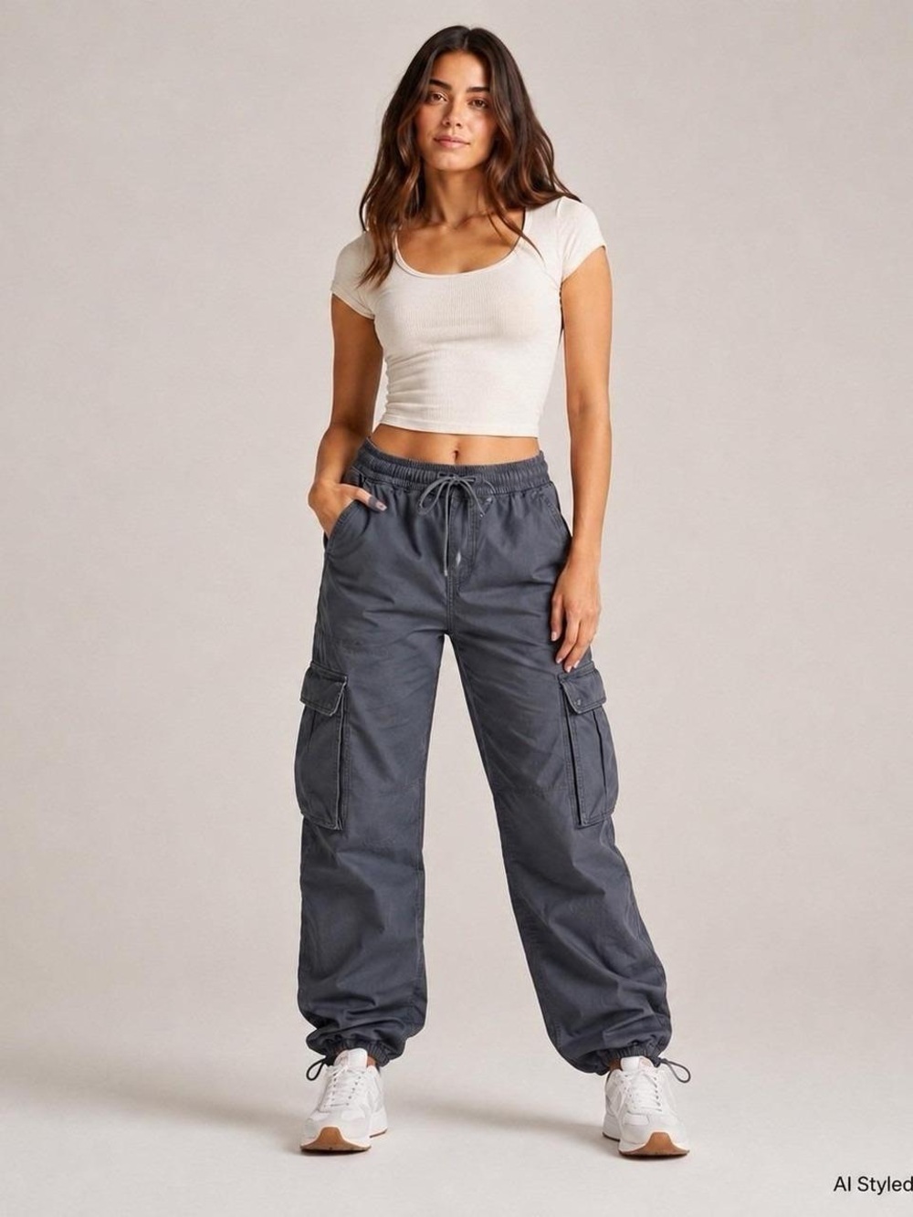 NWT Aerie Charcoal Gray Wide Leg Cargo Pants Drawstring Cinch Hem Size Large - Picture 6 of 6